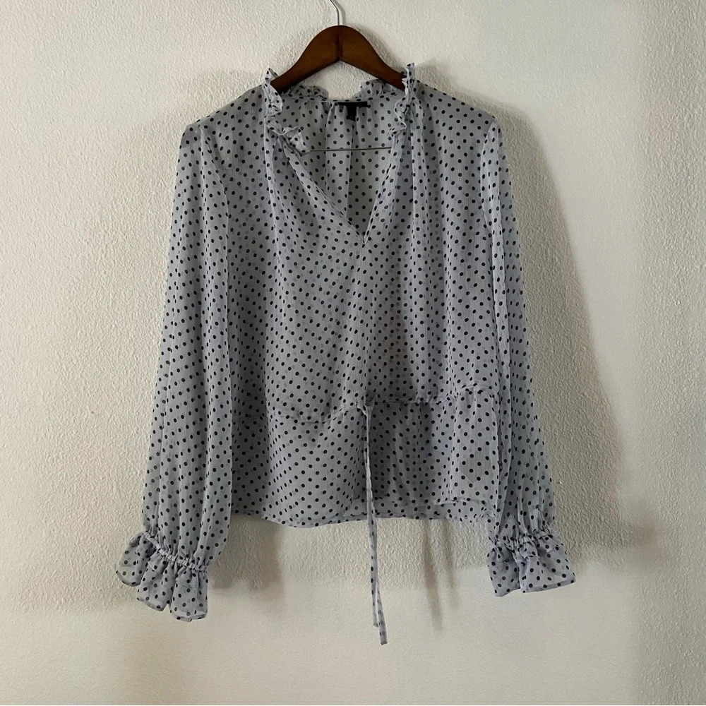 Who What Wear XL Polka Dot Sheer Ruffle Blouse Coquette Drawstring Cottagecore - Picture 9 of 9